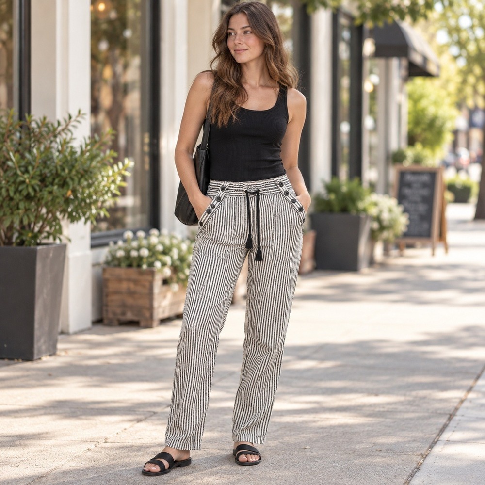 Rewind Striped Linen Blend Sailor Button Drawstring Pants Size 5